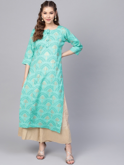 

Yuris Women Blue & Golden Printed Straight Kurta