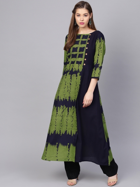 

Yuris Women Green & Navy Blue Printed A-Line Kurta