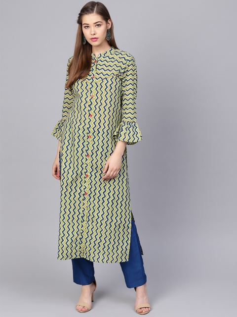 

Yuris Women Green & Navy Blue Chevron Print Straight Kurta