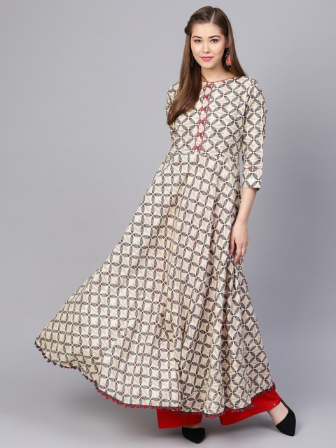 

Yuris Women Beige & Grey Printed A-Line Kurta