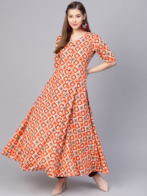 

Yuris Women Coral Orange & Grey Ikat Print Anarkali Kurta