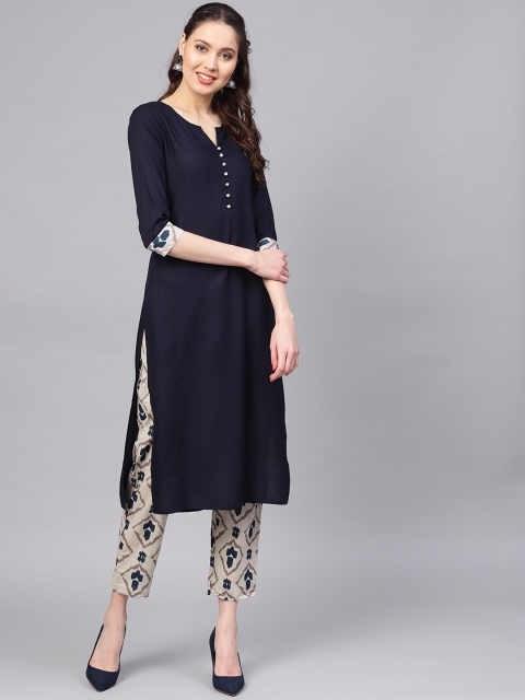 

Yufta Women Navy Blue & Grey Solid Kurta with Trousers