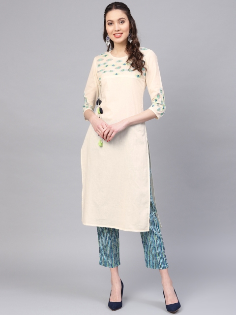 

Yufta Women Off-White & Blue Yoke Design Kurta with Trousers