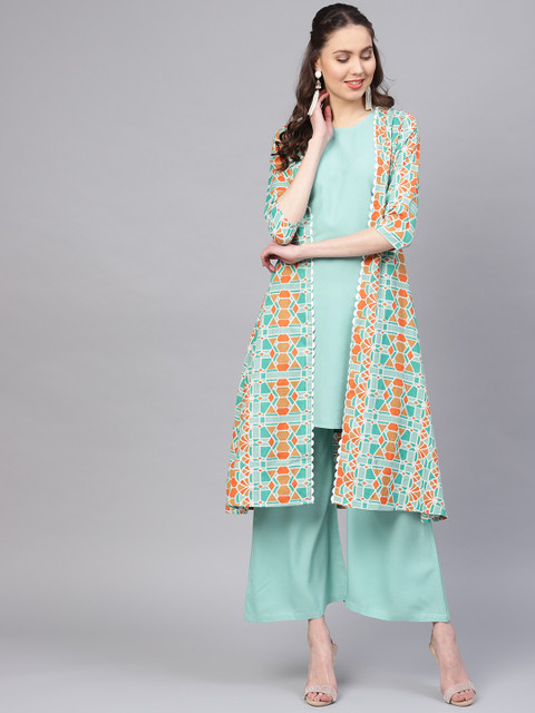 

Yufta Women Sea Green & Orange Solid Layered Kurta with Palazzos