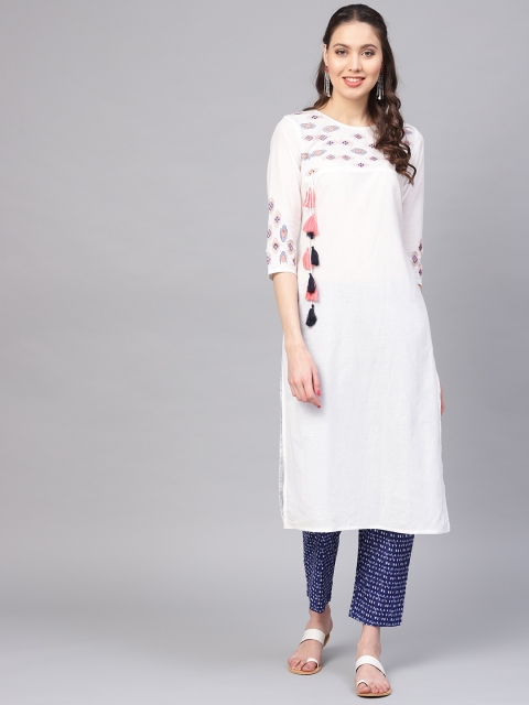 

Yufta Women White & Blue Yoke Design Kurta with Trousers