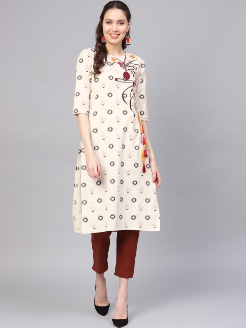 

Yufta Women Off-White & Grey Printed Straight Kurta