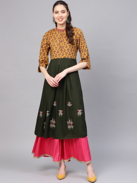 

Yufta Women Mustard Yellow & Green Printed A-Line Kurta