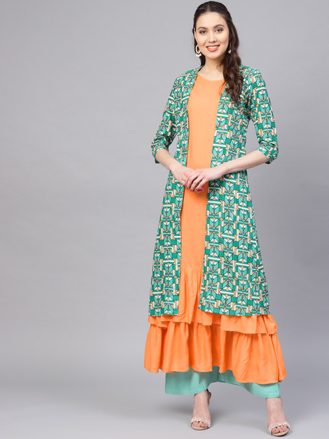 

Yufta Women Orange & Green Printed Layered A-Line Kurta with Ethnic Jacket