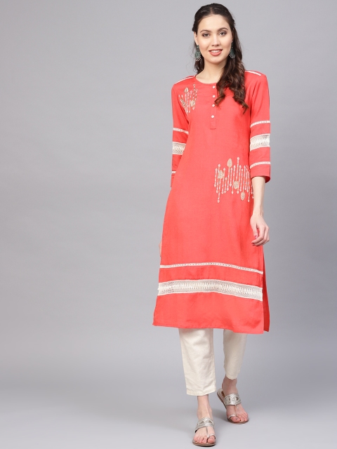 

Yufta Women Pink Embroidered Straight Kurta
