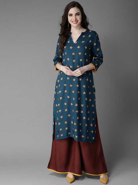 

HERE&NOW Women Teal Blue & Brown Printed Kurta with Palazzos