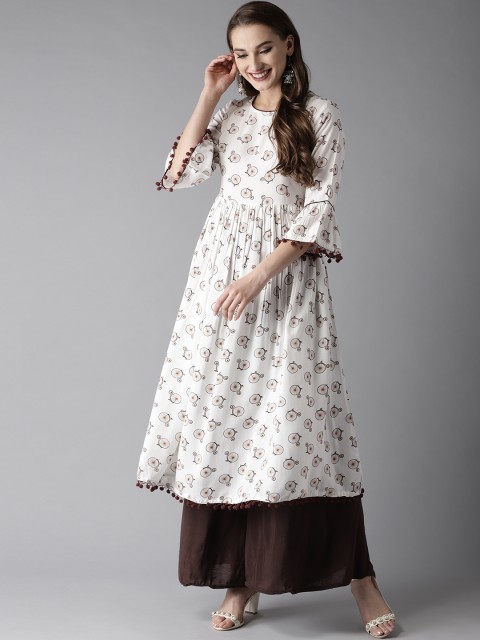 

HERE&NOW Women Off-White & Brown Cycle Printed A-Line Kurta