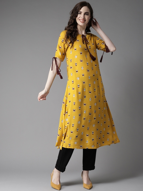 

HERE&NOW Women Mustard Yellow Quirky Printed A-Line Kurta