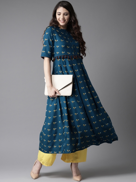 

HERE&NOW Women Quirky Prints & Tassels A-Line Viscose Rayon Kurta, Teal