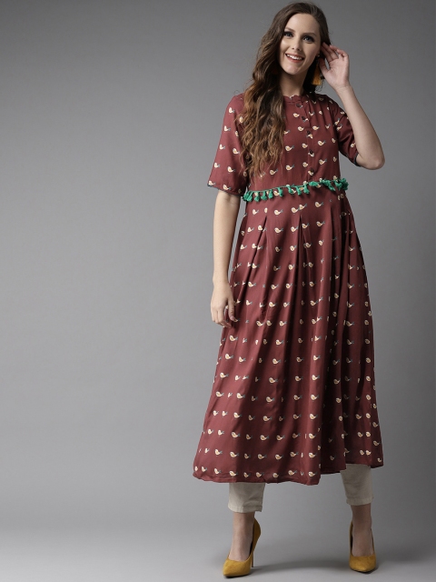 

HERE&NOW Women Brown & Off-White Birds Printed A-Line Kurta