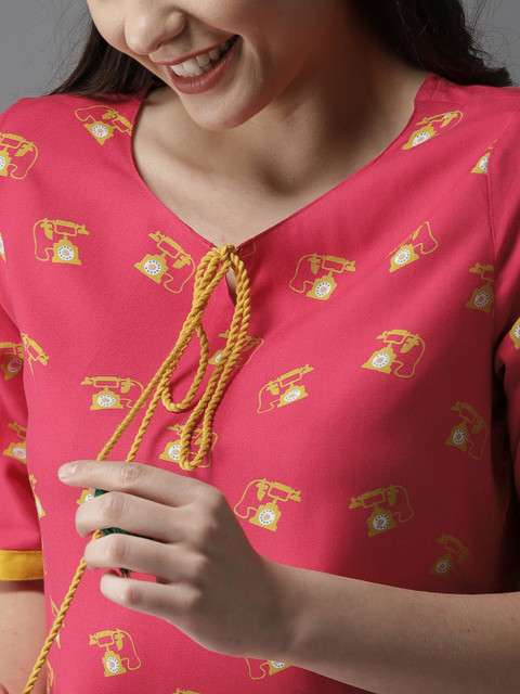 

HERE&NOW Women Pink Quirky Printed A-Line Kurta