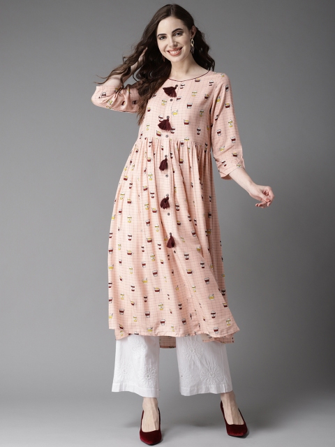 

HERE&NOW Women Peach-Coloured Quirky Printed A-Line Kurta