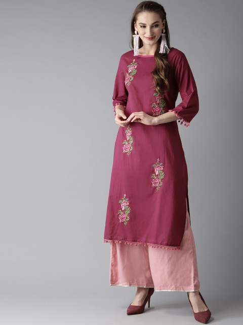 

HERE&NOW Women Magenta Embroidered Straight Kurta