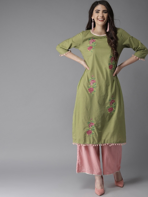 

HERE&NOW Women Green Floral Embroidered Straight Kurta