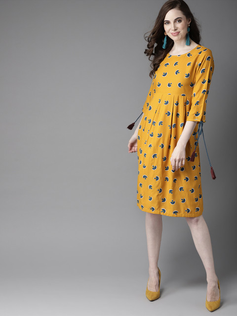 

HERE&NOW Women Mustard Yellow & Navy Blue Printed A-Line Dress