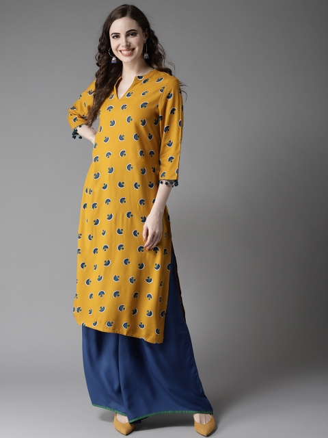 

HERE&NOW Women Mustard Yellow & Navy Blue Printed Kurta with Palazzos