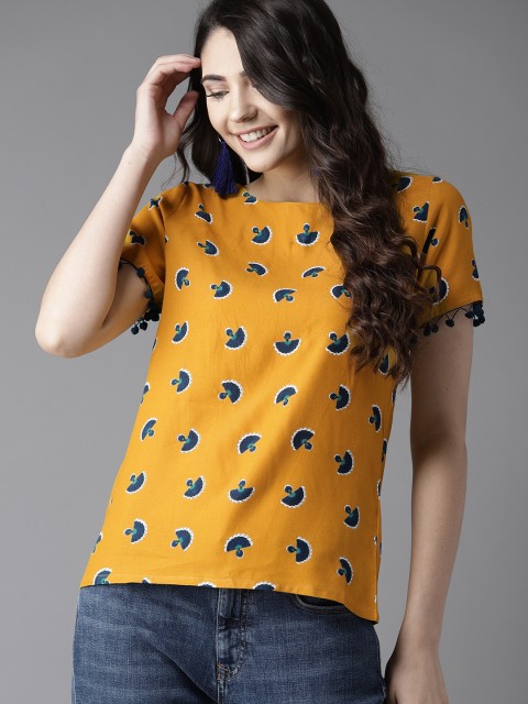 

HERE&NOW Women Mustard Yellow & Navy Blue Printed Top