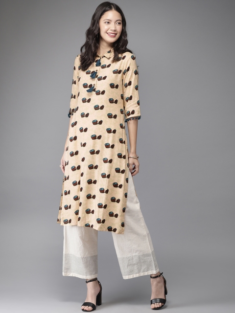 

HERE&NOW Women Peach-Coloured & Rust Brown Tabla Printed Straight Kurta