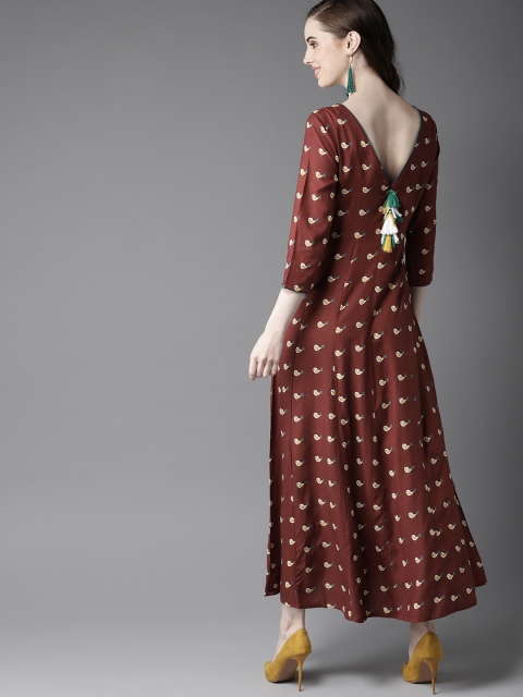 

HERE&NOW Women Rust Brown & Off-White Printed Maxi Dress