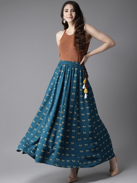 

HERE&NOW Women Teal Blue & Mustard Yellow Printed Maxi Skirt