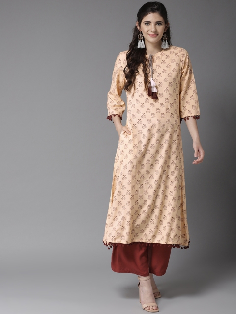 

HERE&NOW Women Peach-Coloured & Brown Printed A-Line Asymmetric Kurta