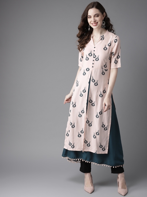 

HERE&NOW Women Peach-Coloured & Teal Green Printed Layered Kurta