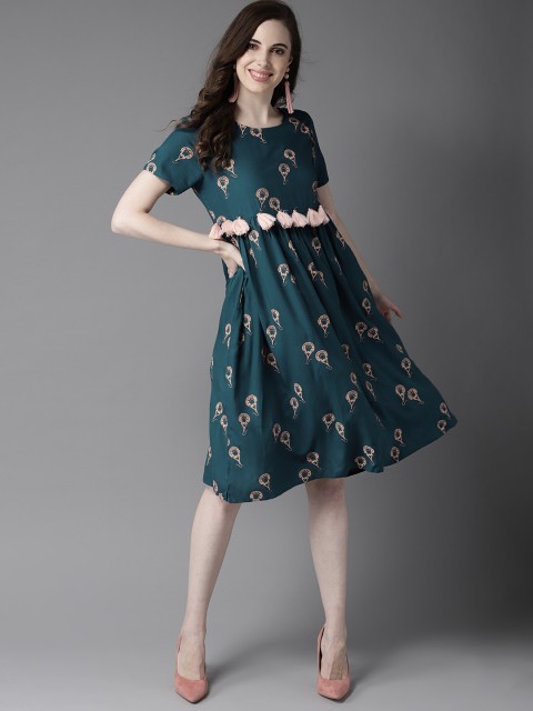 

HERE&NOW Women Teal Green & Peach-Coloured A-Line Dress