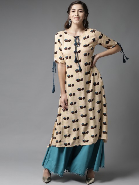 

HERE&NOW Women Peach-Coloured & Blue Printed Kurta with Palazzos