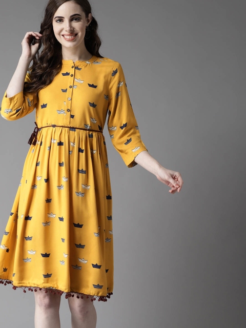 

HERE&NOW Women Mustard Yellow & Navy Blue A-Line Dress