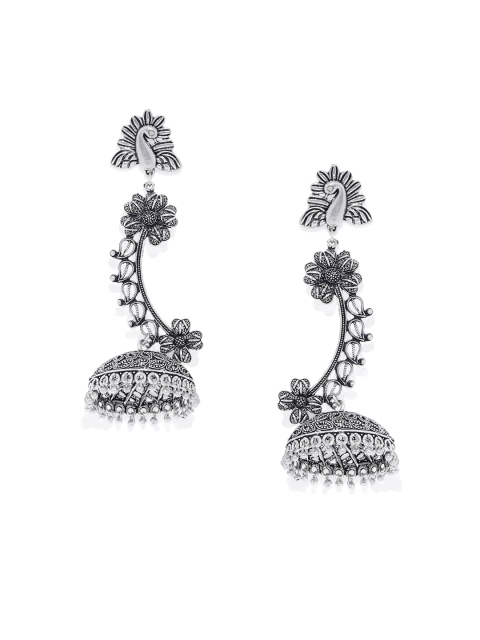 

Golden Peacock Silver-Toned Dome Shaped Jhumkas