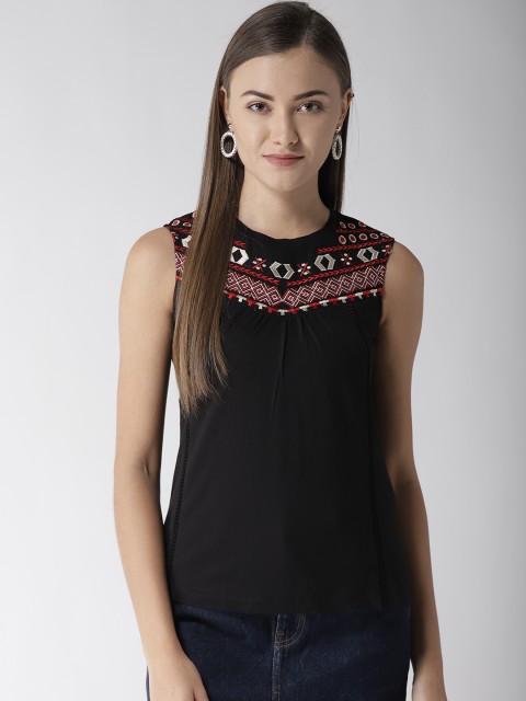 

Madame Women Black Embroidered Detail Top