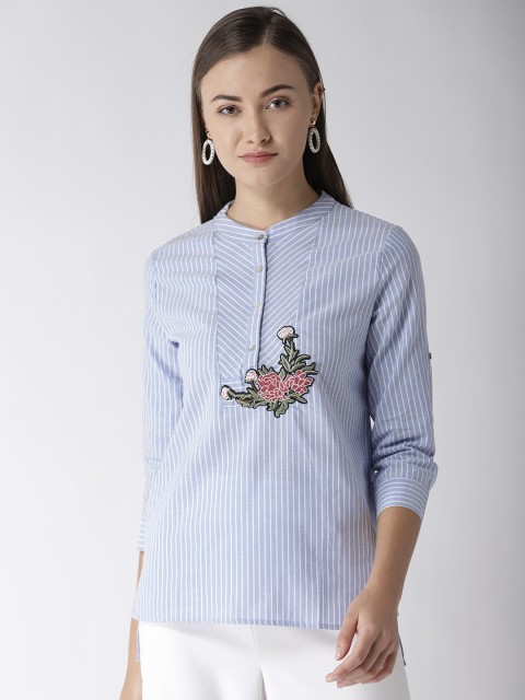 

Madame Women Blue & White Striped Shirt Style Pure Cotton Top