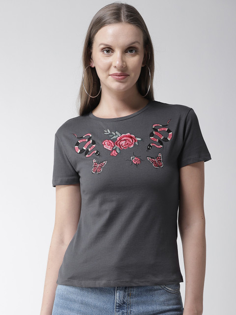 

Madame Women Charcoal Grey Embroidered Detail Round Neck T-shirt