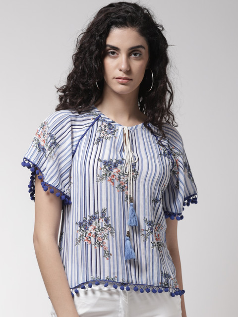 

Madame Women White & Blue Printed Striped Top