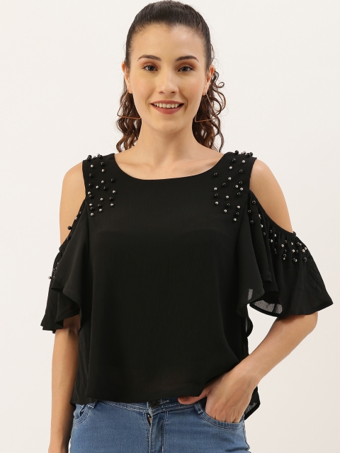 

Madame Women Black Solid Cold-Shoulder Embellished Top