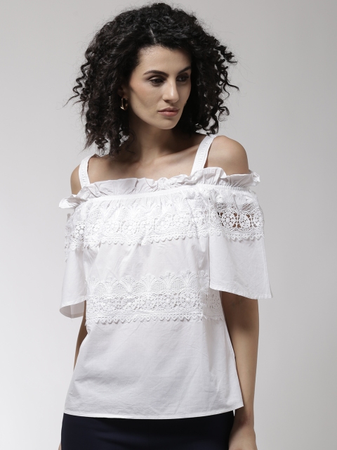 

Madame Women White Lace Bardot Pure Cotton Top