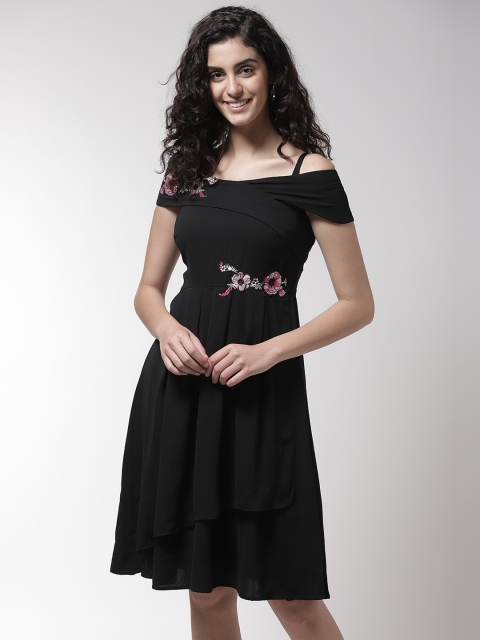 

Madame Women Black Solid Fit and Flare Dress With Embroidered Detailing
