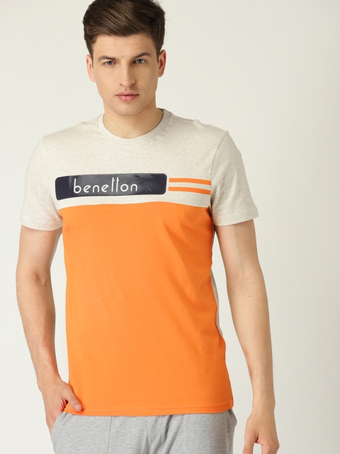 United Colors of Benetton Men Orange & Beige Colourblocked Round Neck T-shirt