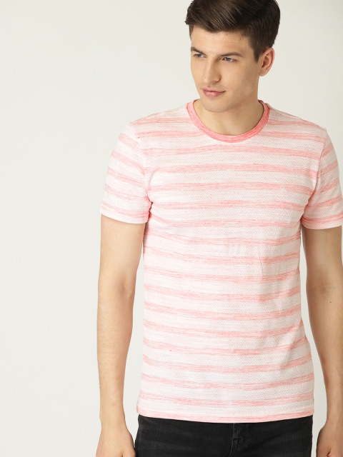 United Colors of Benetton Men Pink & Off-White Striped Round Neck T-shirt