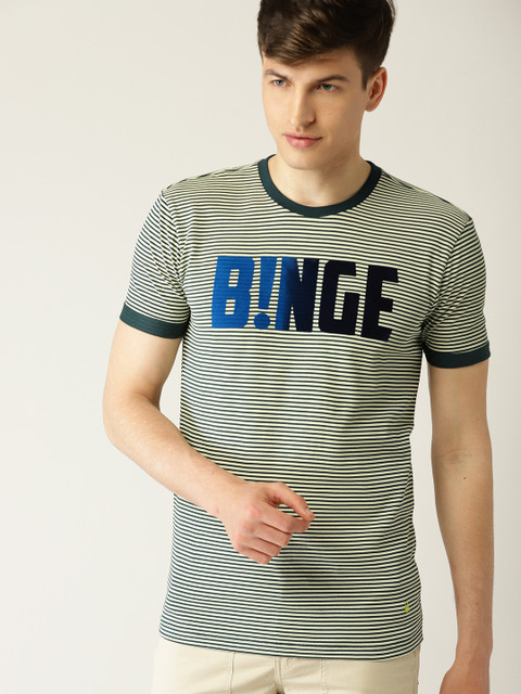 

United Colors of Benetton Men Green & Cream-Coloured Striped Round Neck T-shirt