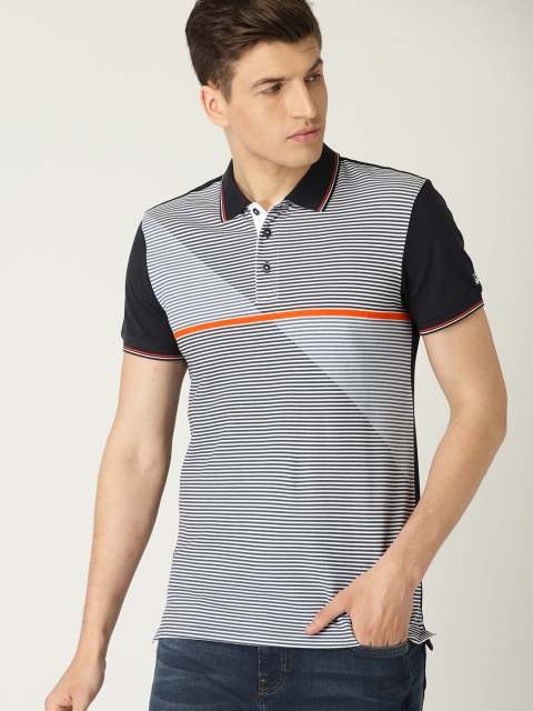 

United Colors of Benetton Men White & Navy Blue Striped Polo Collar T-shirt