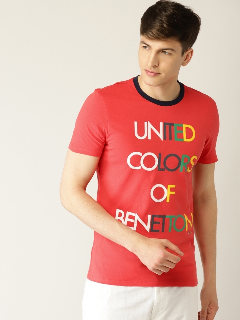 

United Colors of Benetton Men Coral Red Printed Round Neck T-shirt