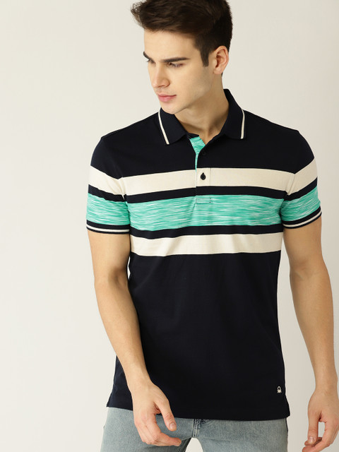 

United Colors of Benetton Men Navy Blue Striped Polo Collar T-shirt