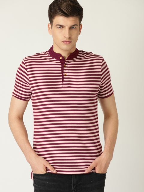 

United Colors of Benetton Men Beige & Maroon Striped Mandarin Collar T-shirt