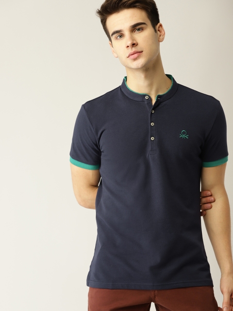 

United Colors of Benetton Men Navy Blue Solid Mandarin Collar T-shirt