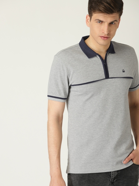 

United Colors of Benetton Men Grey Melange Solid Polo Collar T-shirt